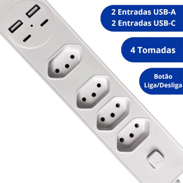 Segunda imagem de4 TOMADAS - Filtro de Linha Extensão USB-C USB-A